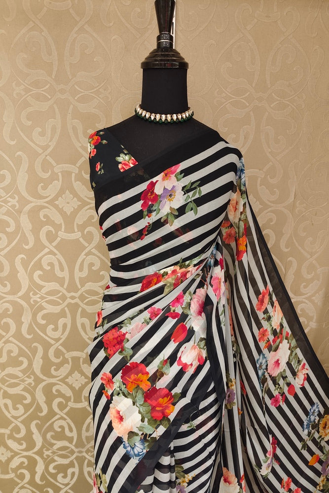 Zebra Floral Printed Chiffon Saree, With Unstiched Blouse Piece