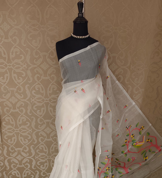 White muslin Dhakai saree from Saarang Sarees showcasing intricate traditional weave without blouse, elegant and lightweight.