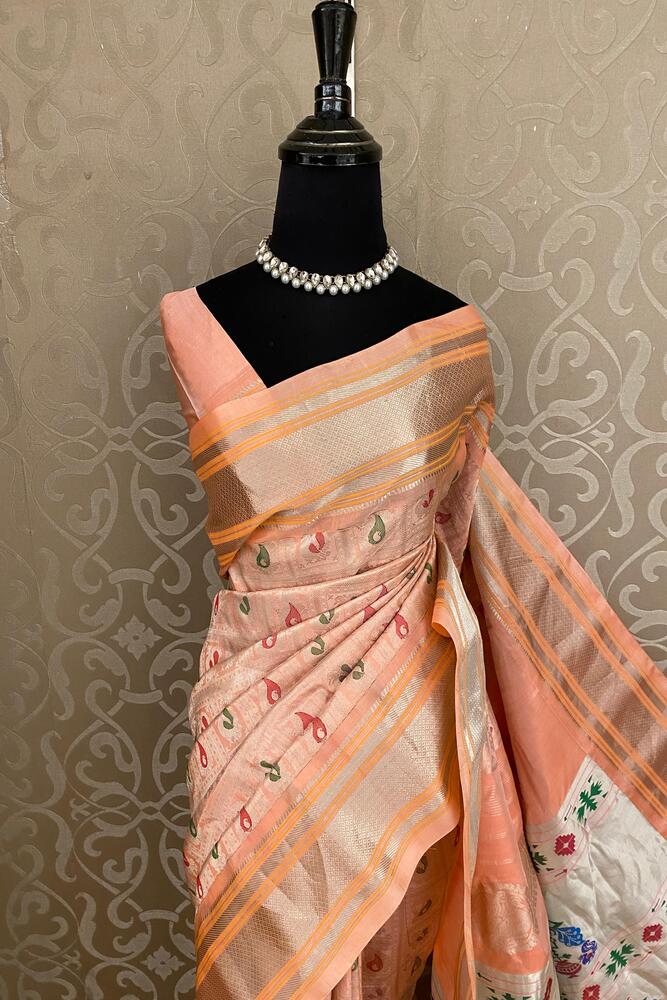 Peach Gadwal Silk Sarees With Paithani Work, With Unstiched Blouse