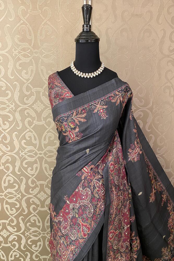 Black Tussar Silk Printed Saree With Aari Work Border, With Unstiched Blouse