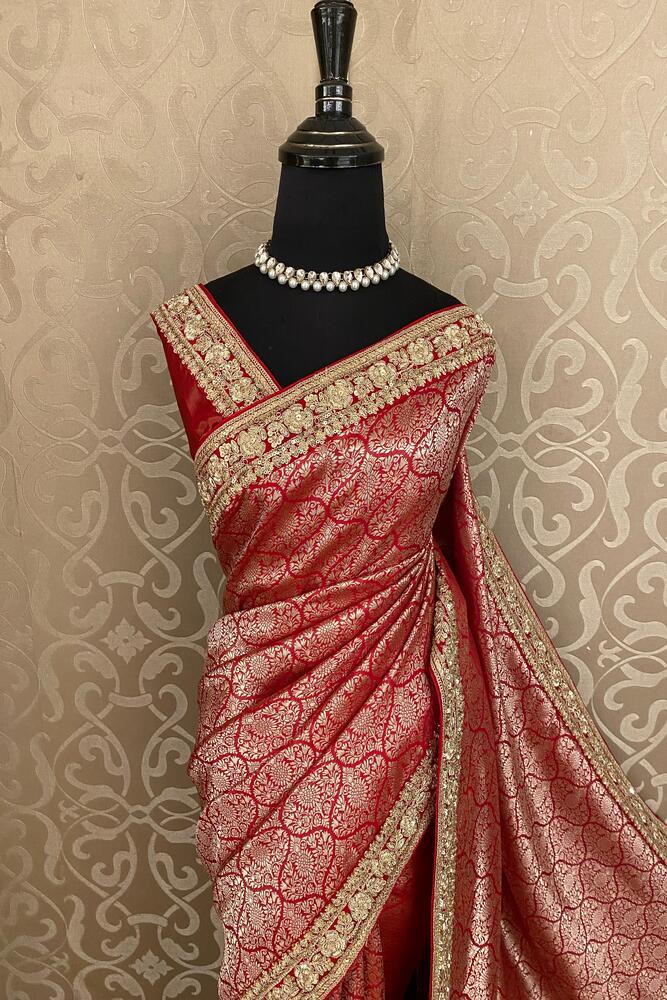 Red Banarasi Silk Saree With Zardosi Embroidery Work, With Unstiched Blouse