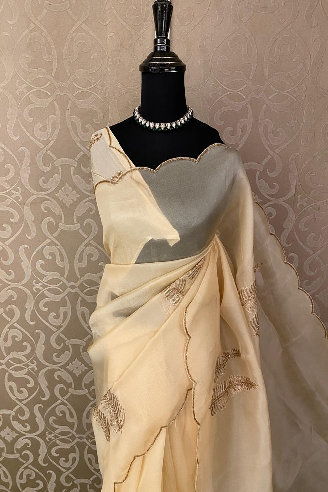 Off-White Organza Silk Embroidery Saree, With Unstiched Blouse