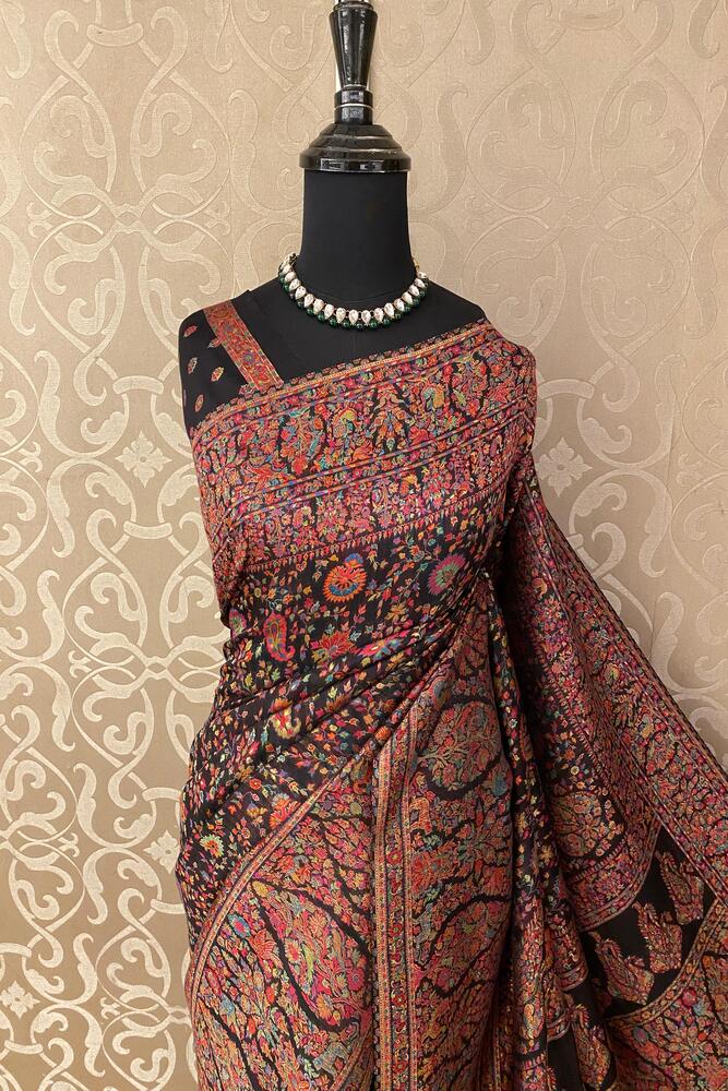 Multi Pure Kani Handloom Silk Saree With Floral Woven Blouse