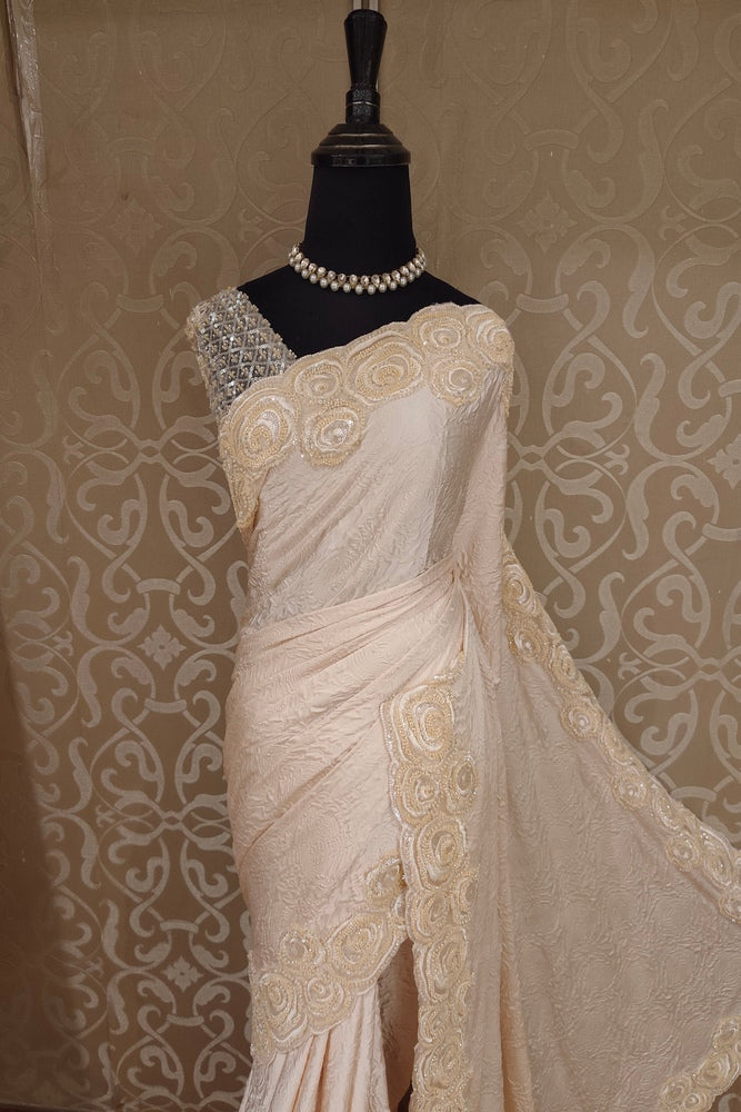 Off-White Crush Silk Saree With Embroidery Border, With Unstiched Blouse