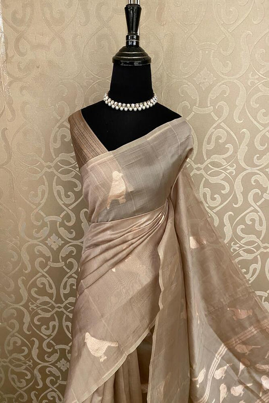 Deep Beige Soft Katan Silk Saree, With Unstich Blouse