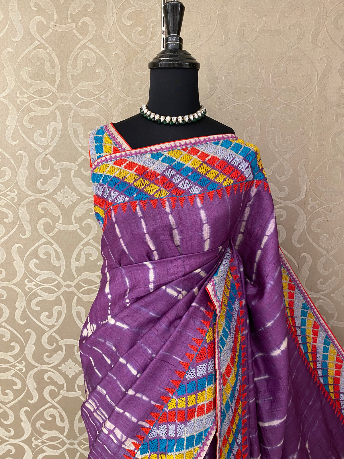 Purple Tussar Hand Embroidery Saree, With Unstitched Blouse