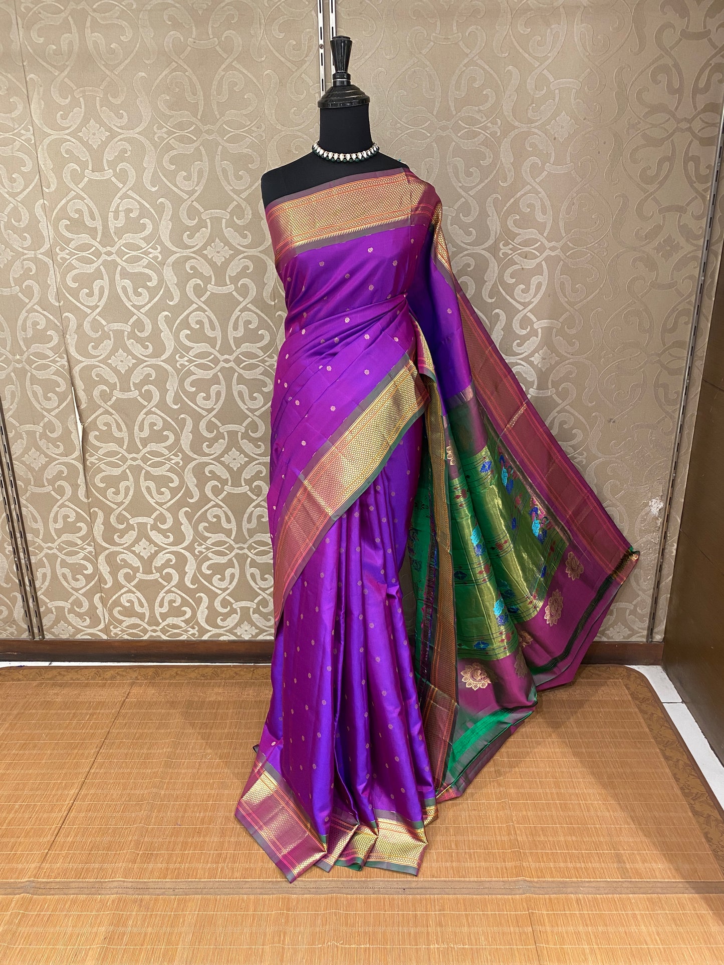 Purple Paithani Silk Saree, Multi Colour Weaving, With Unstiched Blouse