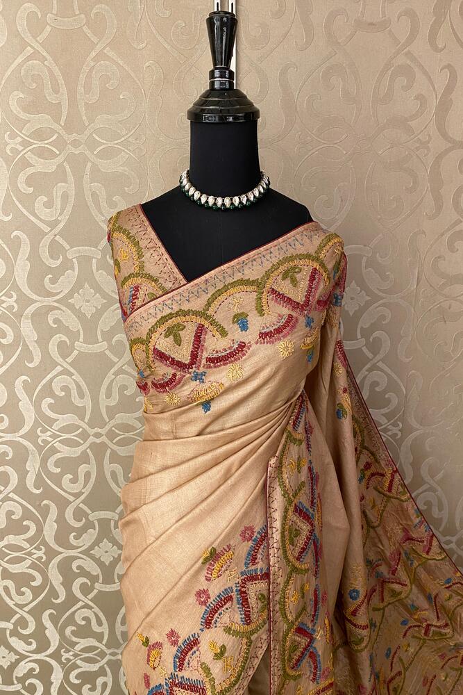 Deep Beige Tussar Embroidery Saree With Lambani Work Border, With Unstitched Blouse