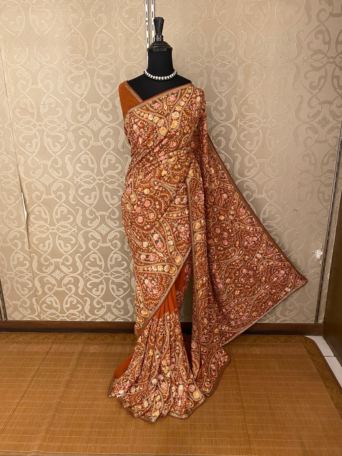 Dusty Orange Georgette Saree With Kashmiri Embroidery Work, With Unstiched Blouse