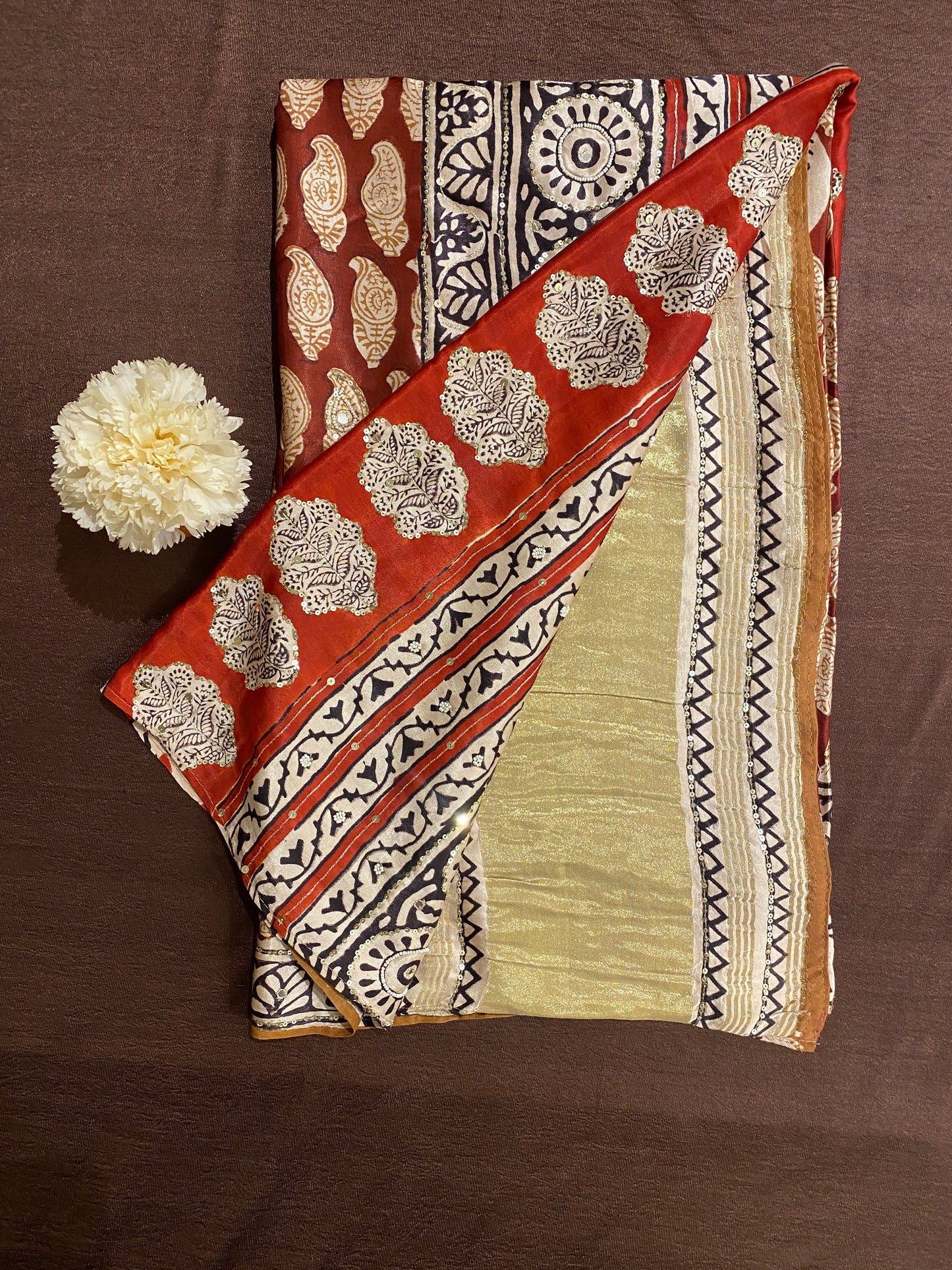 Maroon Pure Modal Silk Ajrakh Printed Saree With Unstiched Blouse