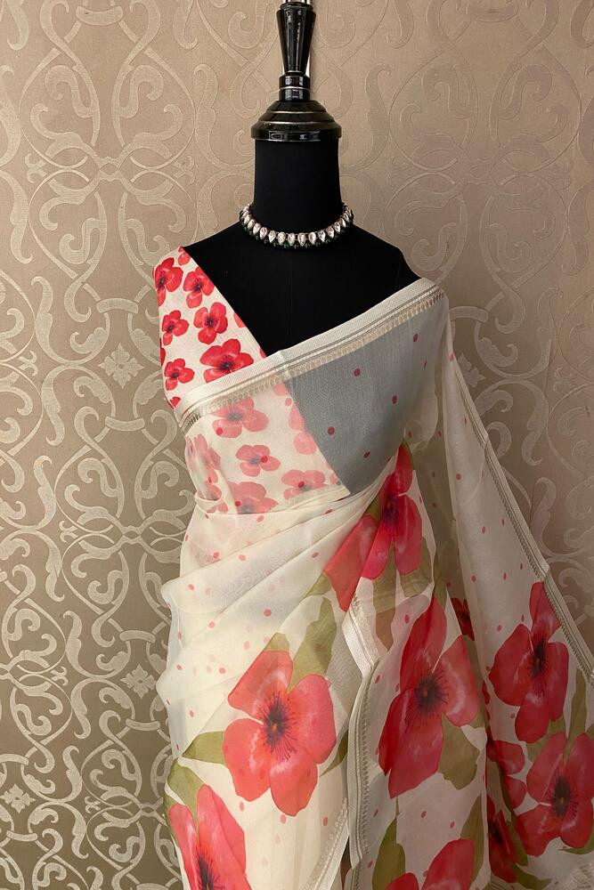 White & Red Floral Printed Organza Saree, With Unstiched Blouse