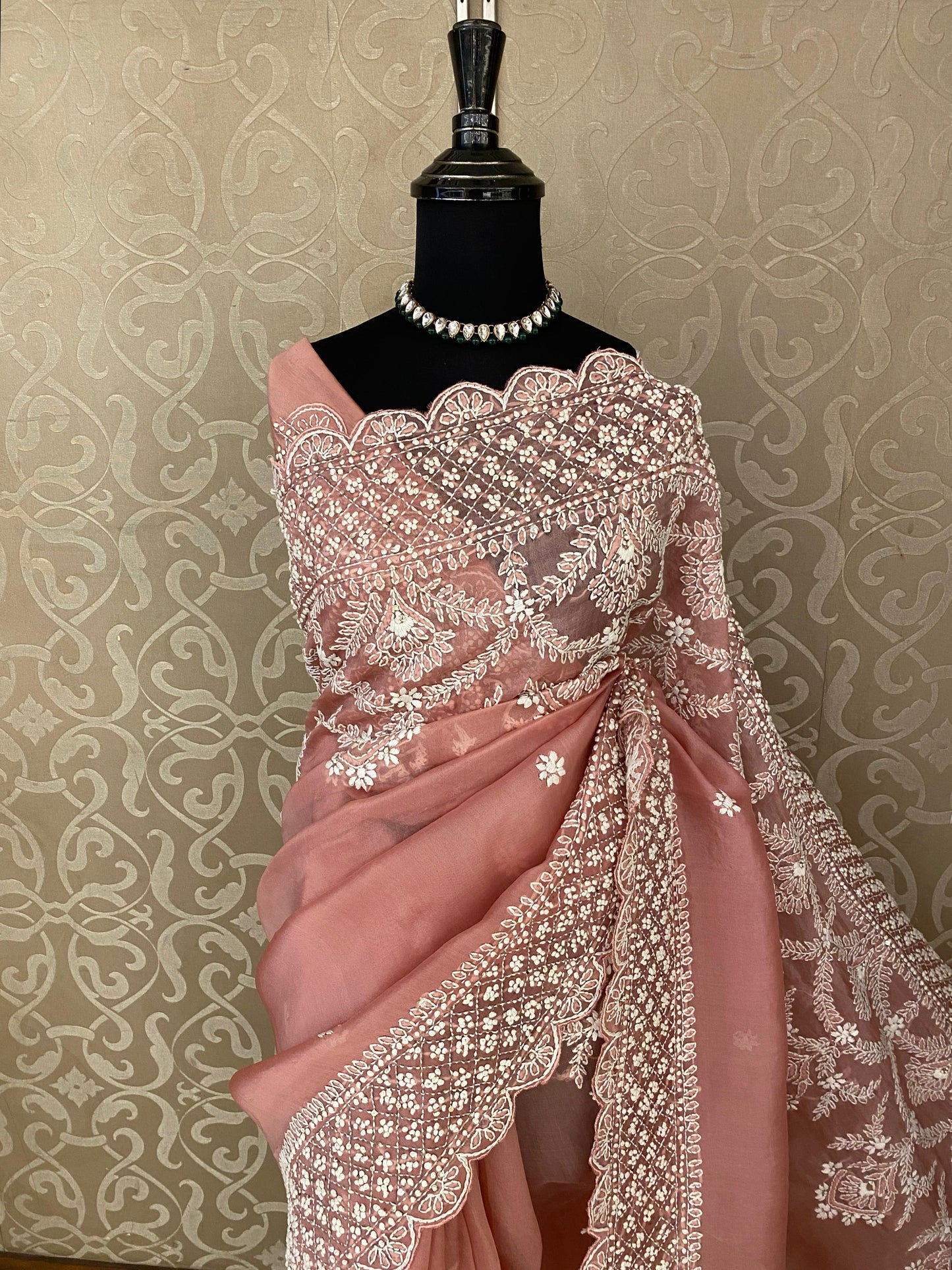 Peach Pink Organza Silk Hand Embroidery Saree, With Unstiched Blouse