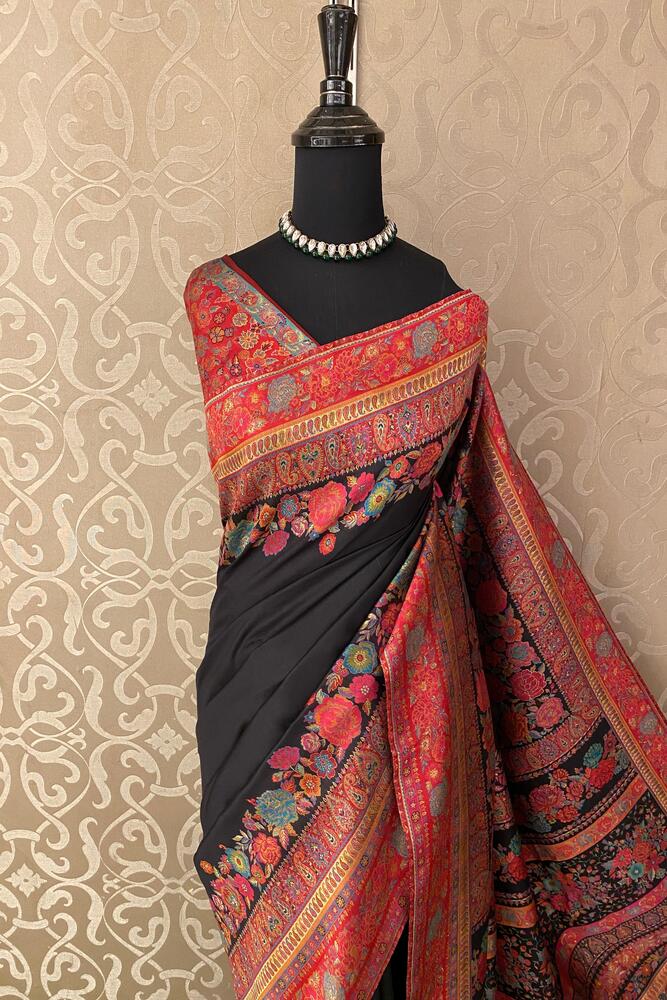 Black Pure Kani Handloom Silk Saree With Unstiched Jamewar Woven Blouse