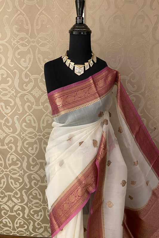 Off-White Kora Banarasi Silk Saree With Hand Weving Work, With Unstiched Blouse