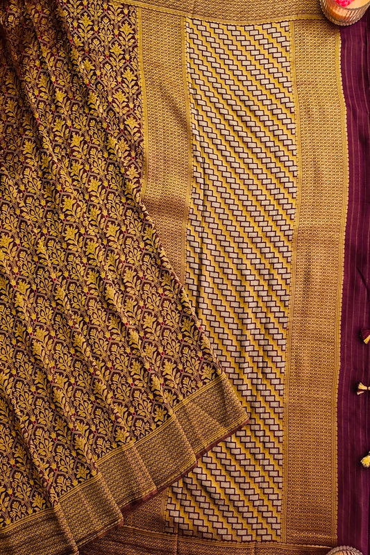 Purple Semi Minakari Brocade Silk Saree, With Unstiched Blouse
