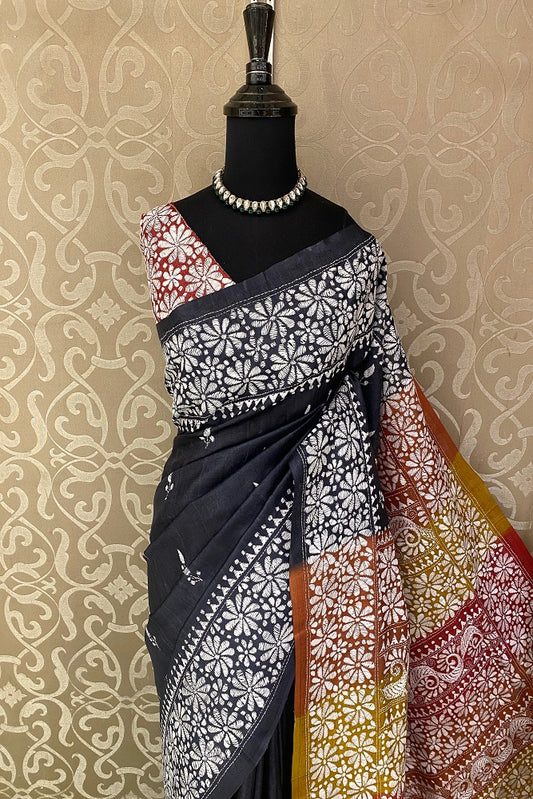 Black Tussar embroidery saree with Kantha work border and unstitched blouse from Saarang Sarees, traditional Indian wear.