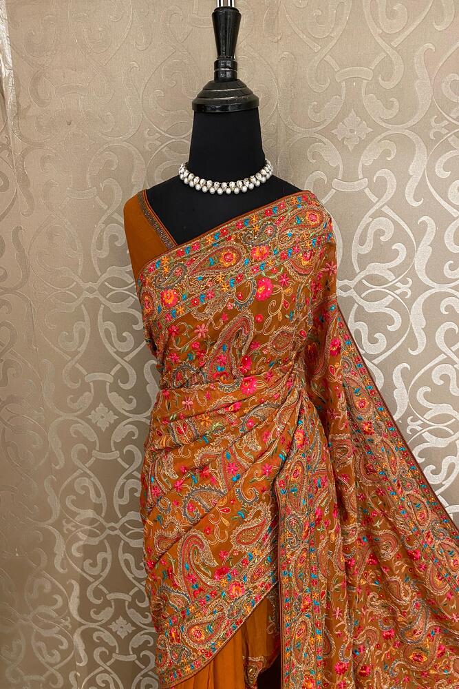 Saffron Georgette Saree With Kashmiri Work, With Unstiched Blouse