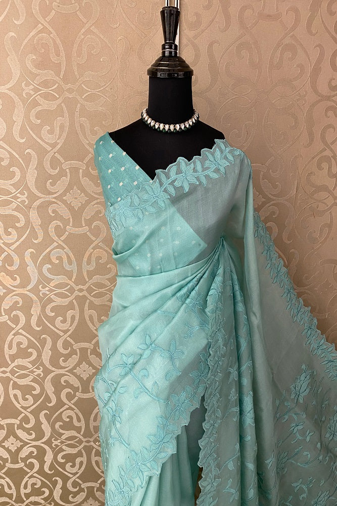 Sky Organza Saree With Appliqué Work Border, With Unstitched Blouse