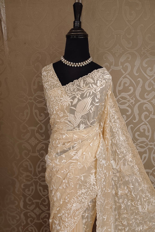 Off-White Georgette Saree With Parsi Work, With Unstiched Blouse