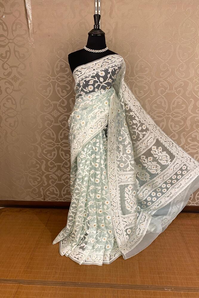 Light Blue Muslin Jamdani Saree, With Unstiched Blouse