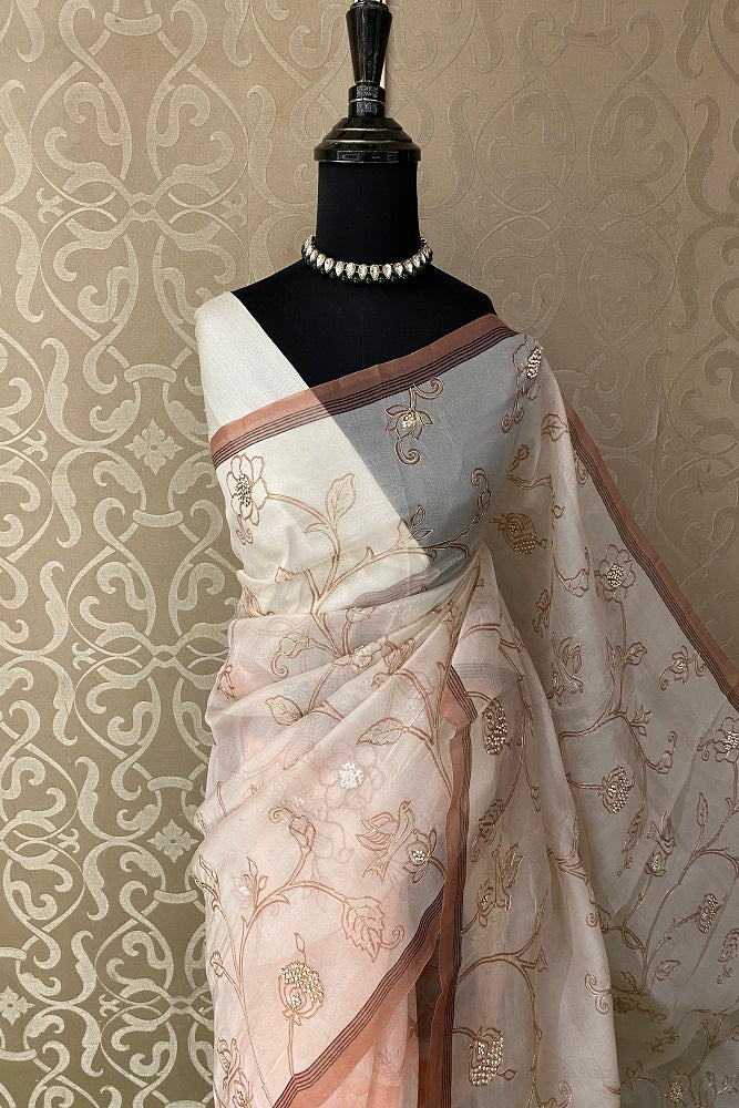 Off-White & Pink Organza Silk Embroidery Saree, With Unstiched Blouse
