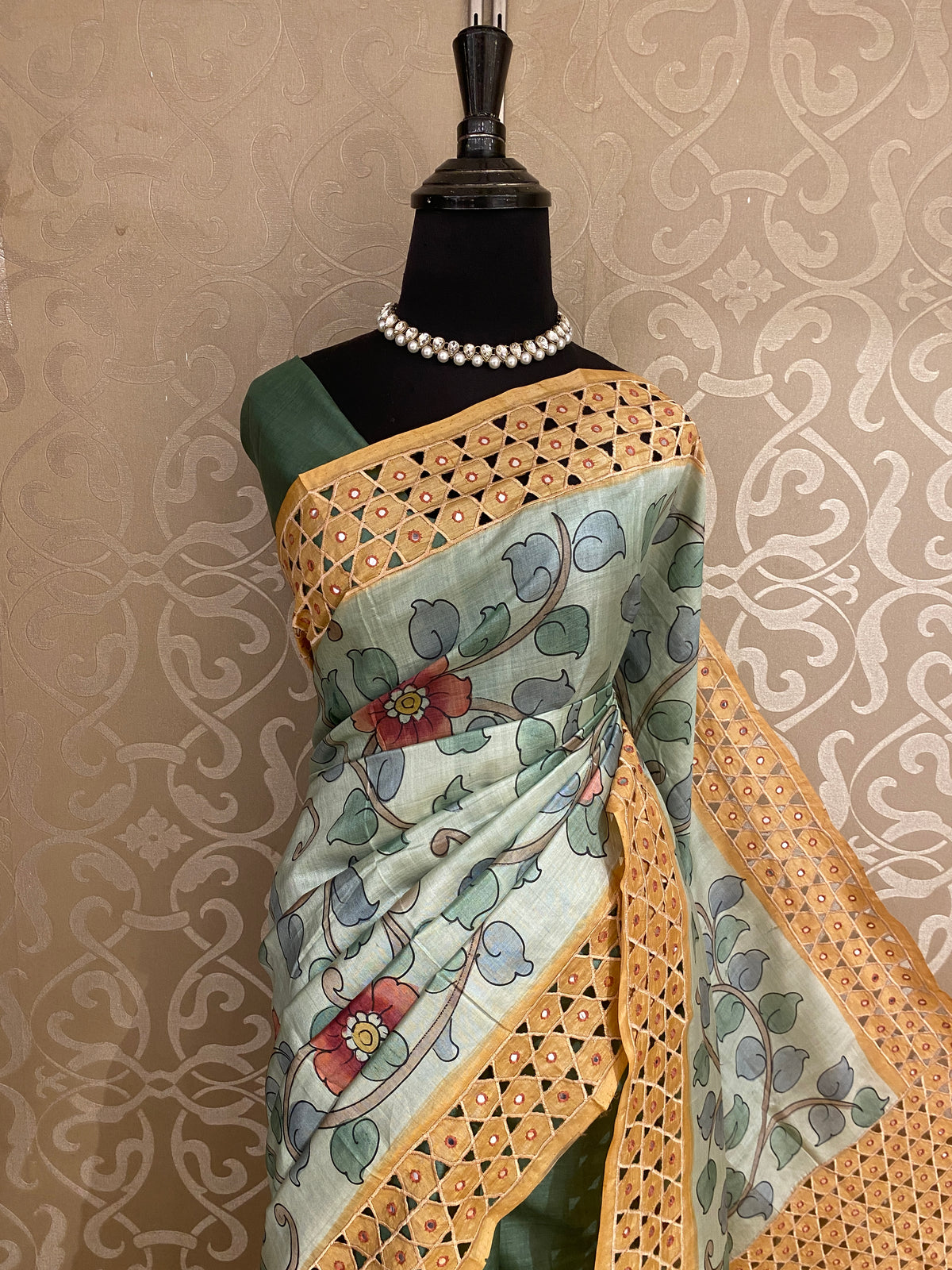 Sea Green Tussar Kalamkari Print With Cutwork Border Saree, With Unstitched Blouse