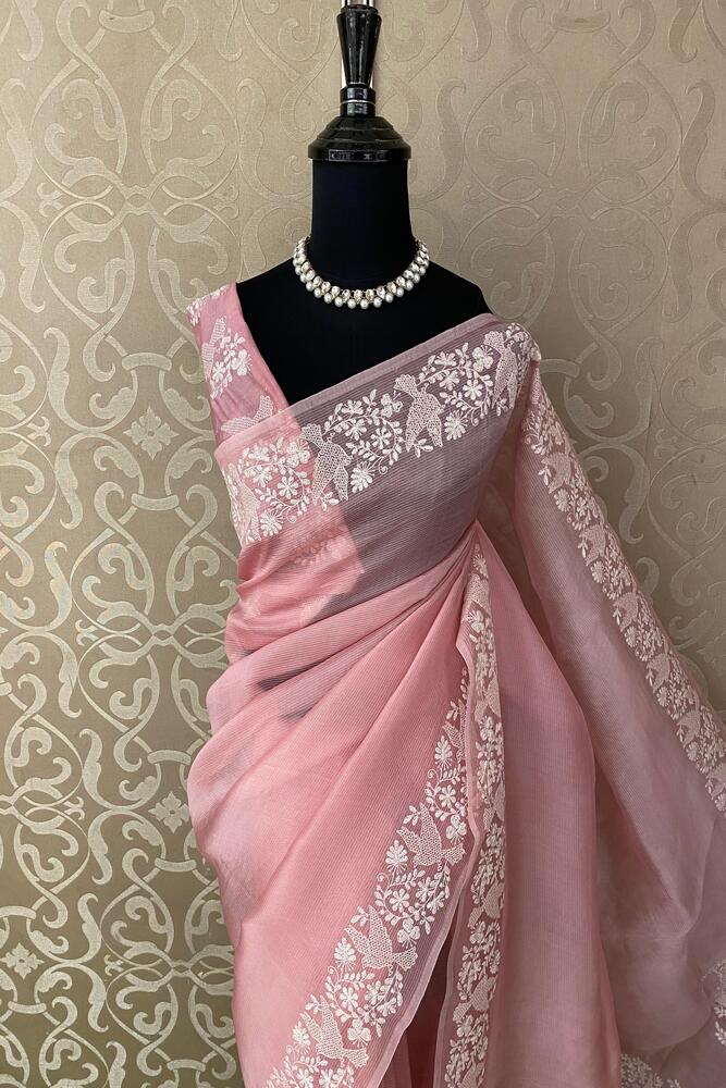 Pink Organza Silk Resham Embroidery Saree, With Unstiched Blouse
