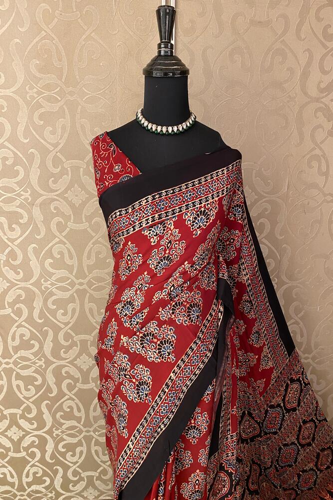 Maroon Pure Modal Silk Ajrakh Printed Saree With Unstiched Blouse