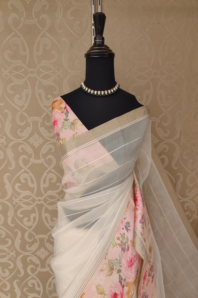 Off-White Organza Resham printed party wear saree with unstiched blouse, featuring intricate Resham embroidery and elegant design.