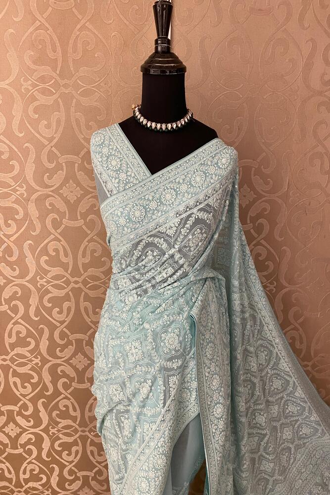 Firozi Blue Georgette Chikankari Saree, With Unstiched Blouse