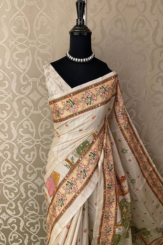 Off-White Tussar Pichwai With Aari Work Saree, With Unstiched Blouse