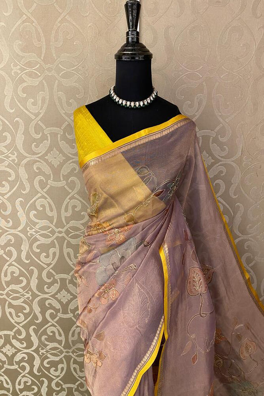 Mauve Tissue Organza Silk Saree With Aari Work, With Unstiched Blouse