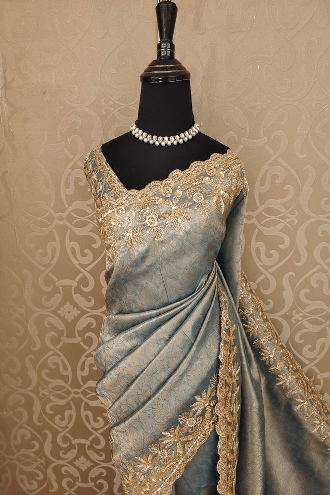 Grey Tissue Kanjeevaram Silk Sarees With Embroidery Work, With Unstiched Blouse