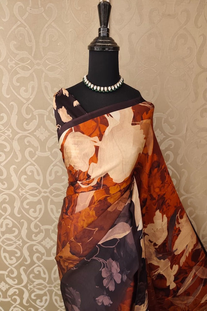 Brown & Multi Floral Printed Satin Crepe Saree, With Unstiched Blouse