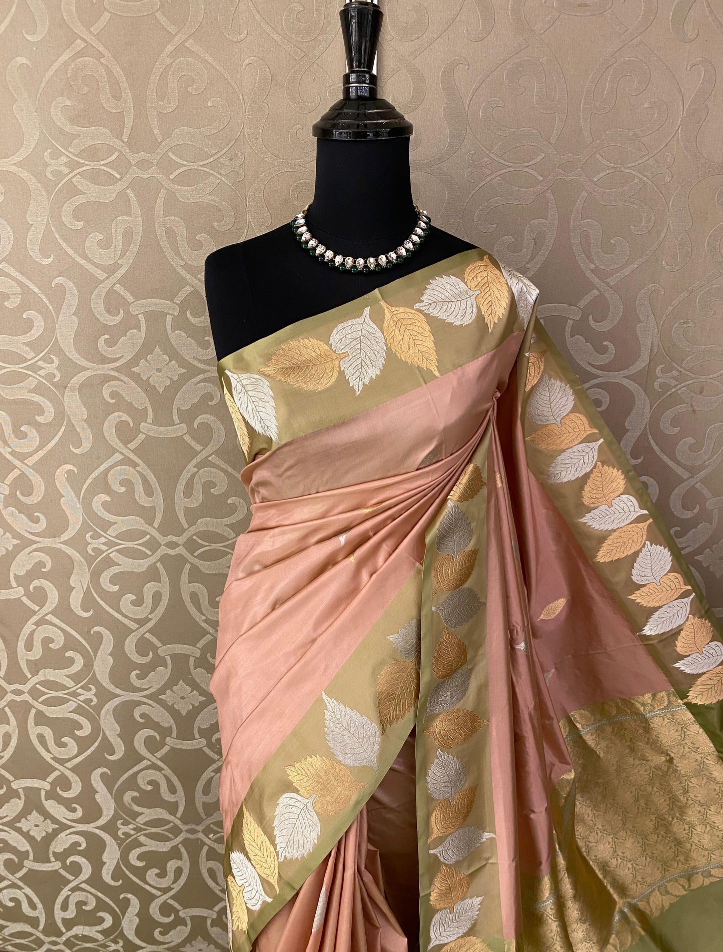 Peach Katan Banarasi Saree Hand Woven Work, With Unstiched Blouse
