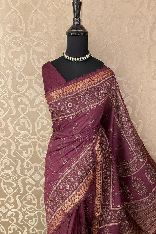 Traditional silk saree with printed design and Kantha work from Saarang Sarees, paired with an unstitched blouse.