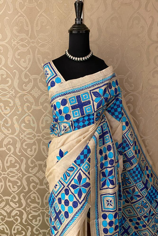 Off-White Tussar Embroidery Saree With Kantha Work Border, With Unstitched Blouse