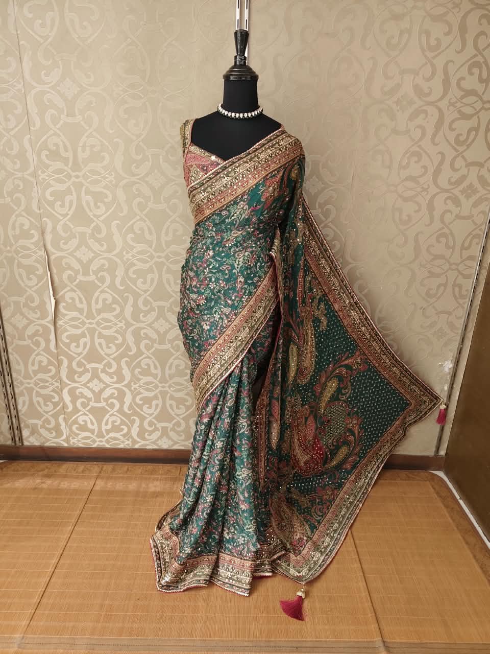 Deep Green Crepe Printed Stone Work Saree, With Readymade Blouse