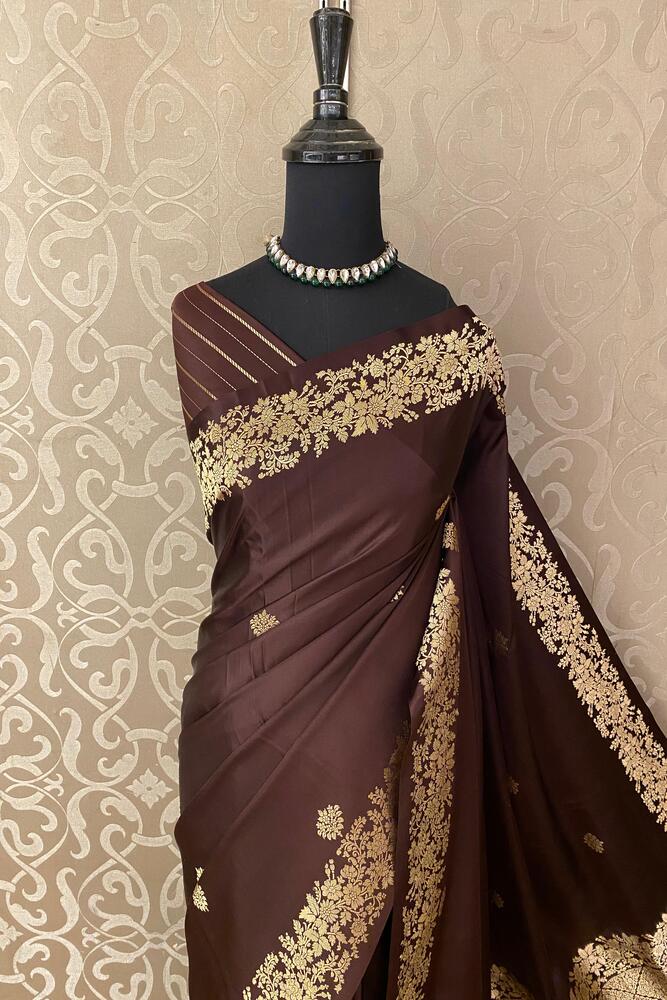 Chocolate Brown Mashru Silk Banarasi Handloom Saree, With Unstiched Blouse