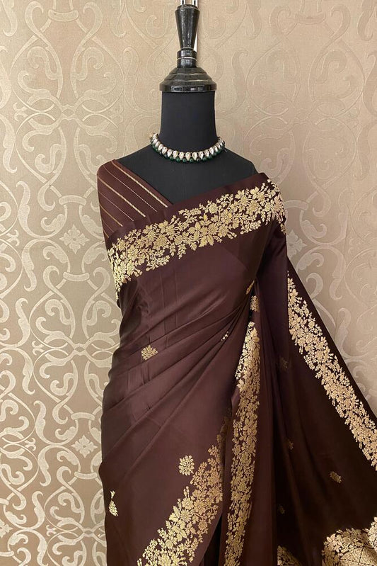 Chocolate Brown Mashru Silk Banarasi Handloom Saree, With Unstiched Blouse