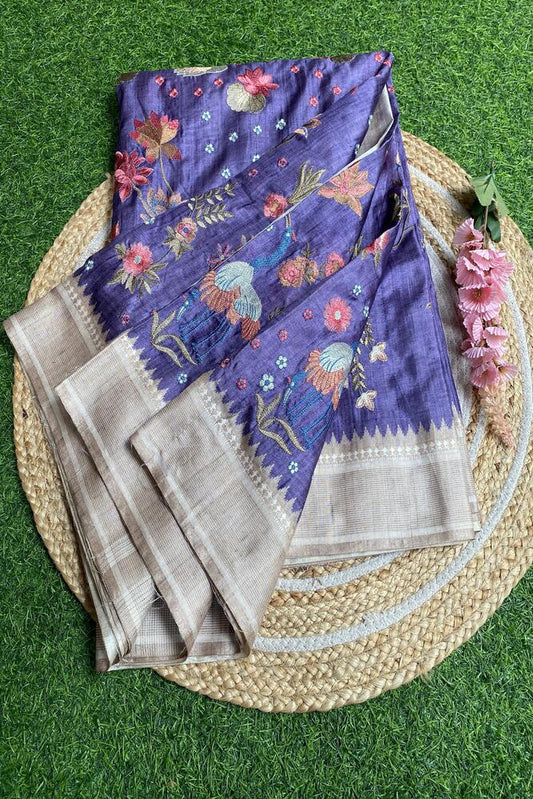 Purple Blue Tussar Cotton Resham Work Saree, With Unstiched Blouse