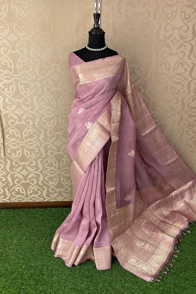 Pink Purple Pure Linen Saree, With Unstiched Blouse