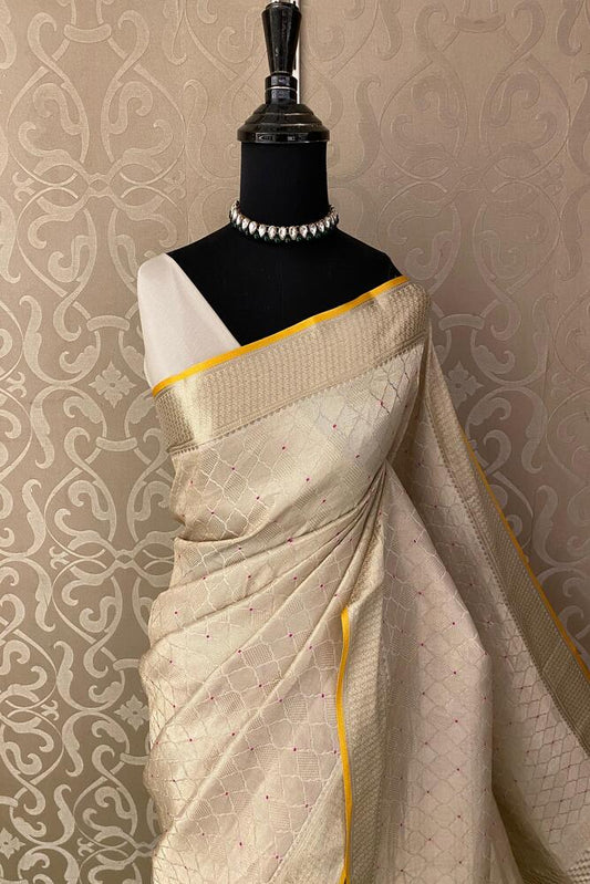 Beige Mysore Crepe Silk Banarasi Saree, With Unstiched Blouse