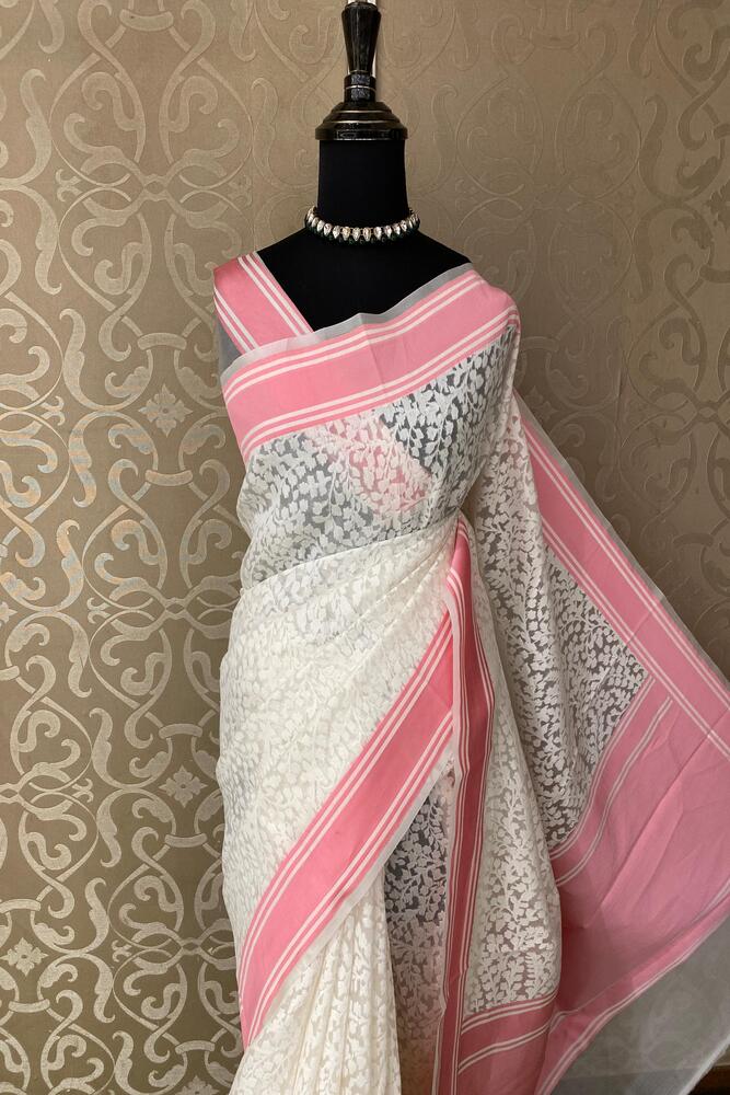 White Muslin Jamdani Saree, With Unstiched Blouse