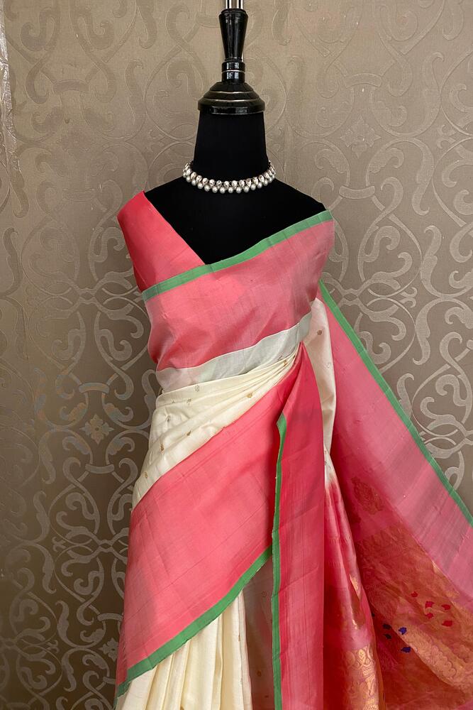Cream Gadwal Silk Sarees With Unstiched Blouse