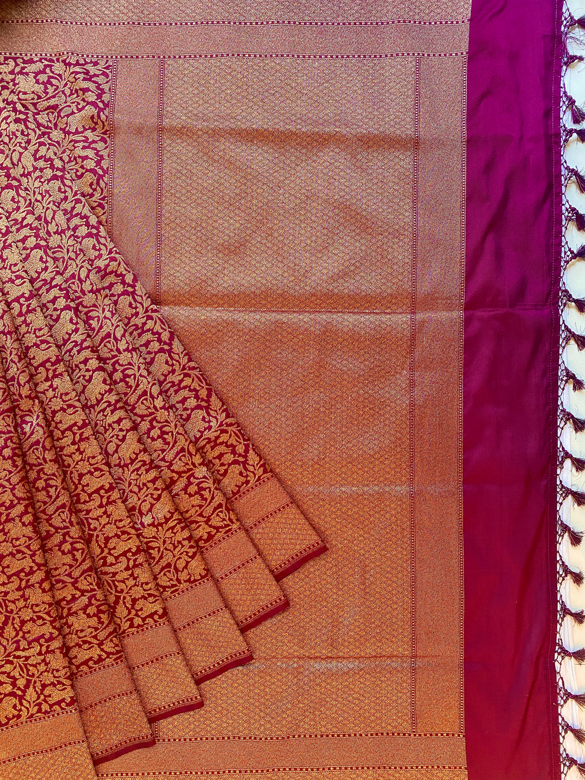 Wine Semi Katan Brocade Silk Saree, With Unstiched Blouse