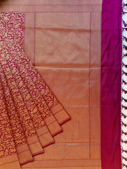 Wine Semi Katan Brocade Silk Saree, With Unstiched Blouse