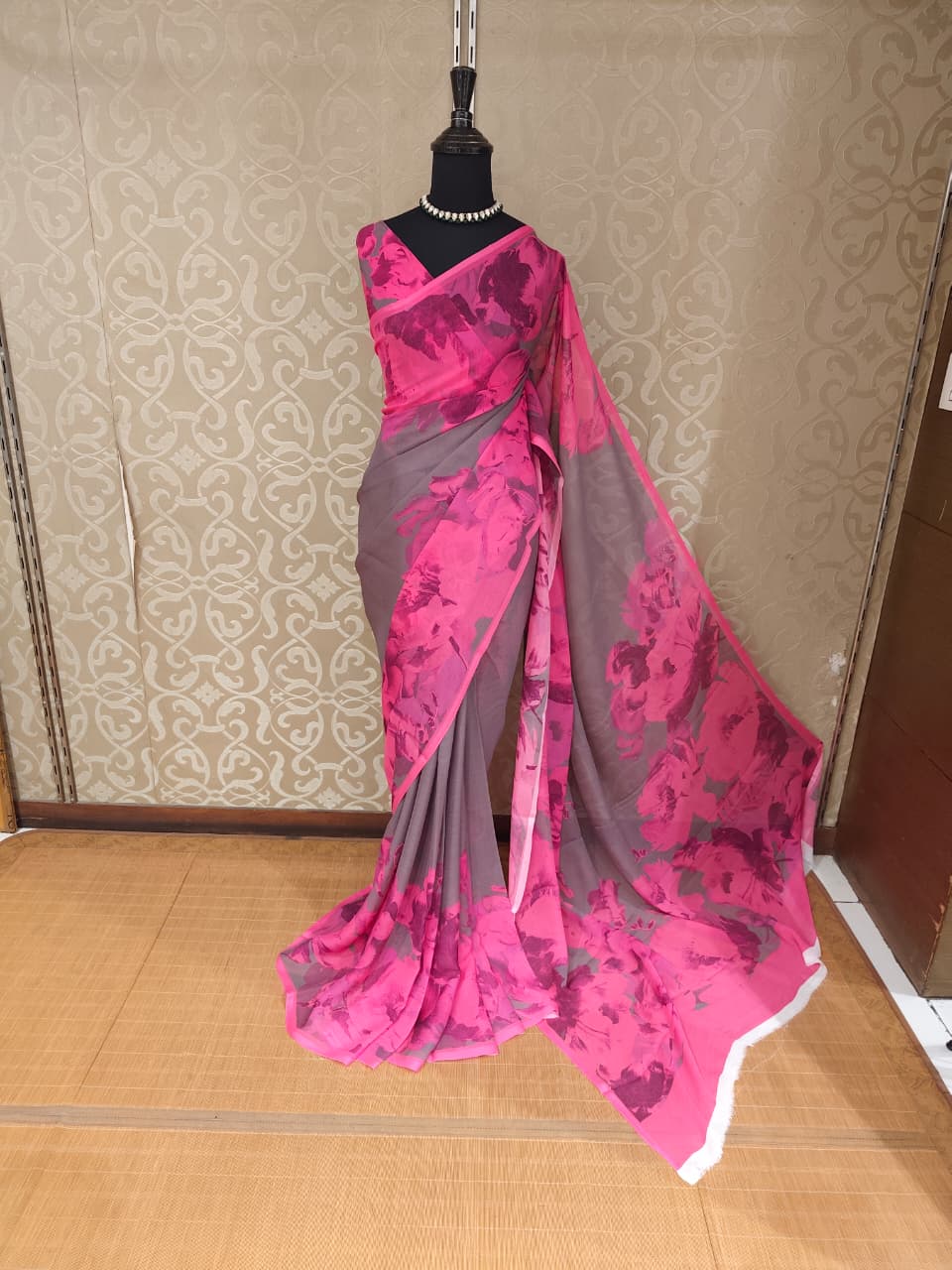 Brown & Pink Floral Printed Chiffon Saree, With Unstiched Blouse Piece