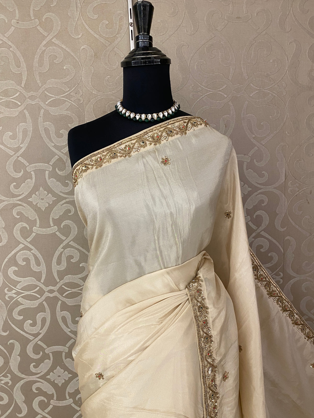 Off-White Organza Silk Embroidery Saree, With Readymade Blouse