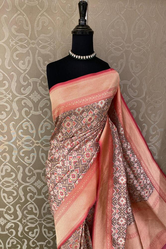 Brown & Multi Banarasi Silk Saree With Patola Concept, With Unstiched Blouse